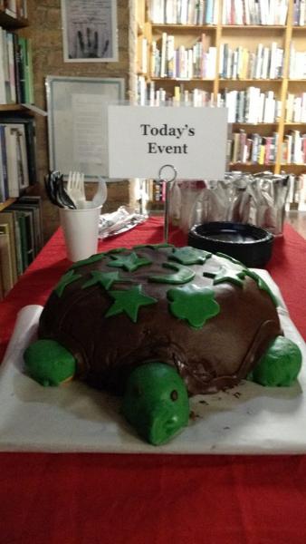 Guests enjoyed a turtle cake at 57th Street Books' release party in Chicago.