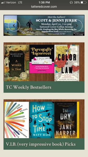 Screen shot of Tattered Cover Book Store's mobile website