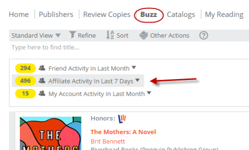 Image of sample affiliate activity on a Buzz page in Edelweiss+ 