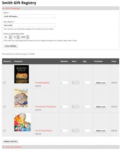 An example of an IndieCommerce wish list used as a gift registry