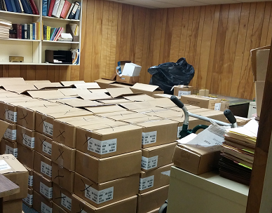 Boxes of books at Fountain Bookstore