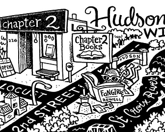 Line art of Chapter 2 Books in Hudson, Wisconsin. 