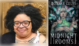 Author Donyae Coles beside her debut title, Midnight Rooms.