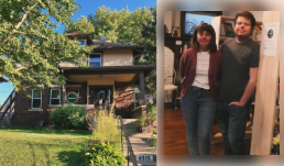 A two story brick house with a Dundee Book Company sign, Owners Ted and Nicole Wheeler stand side by side nearby.