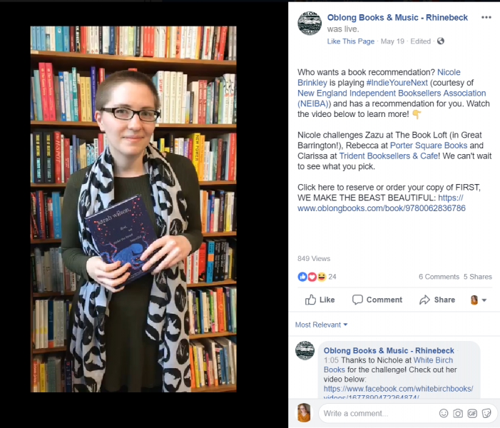 Nicole Brinkley of Oblong Books & Music in Rhinebeck, New York, is one of the booksellers participating in the new #IndieYoureNext viral book review campaign on social media.