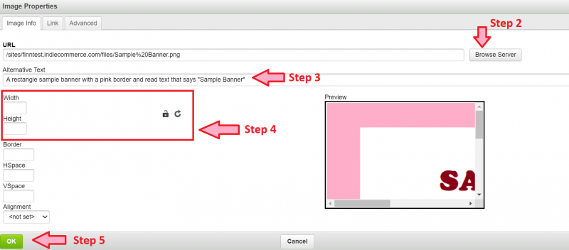 Screenshot of image uploading on IndieCommerce. The image dimension fields have been squared off with a red box.