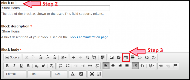 Screenshot of editing a block on IndieCommerce. The title and the table icon are highlighted.