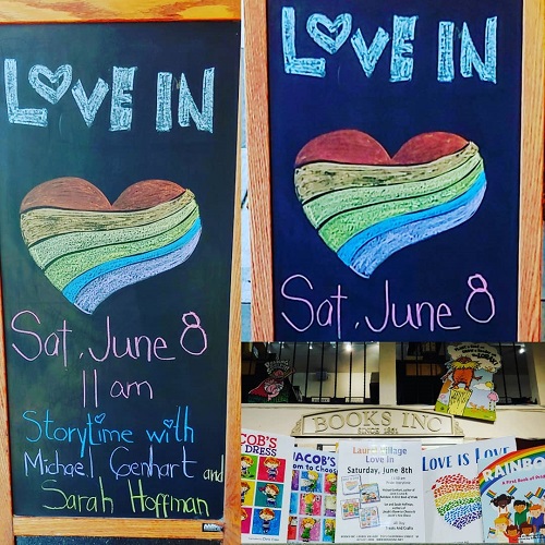 "Love In" signs at Books Inc.