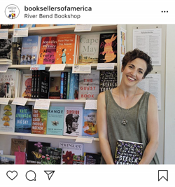Booksellers of America instagram post featuring bookseller from River Bend Bookshop in front of a bookshelf
