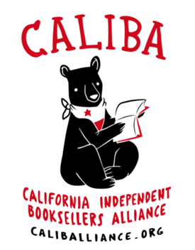CALIBA: California Independent Booksellers Alliance, caliballiance.org, plus image of a black bear in a scarf reading a book