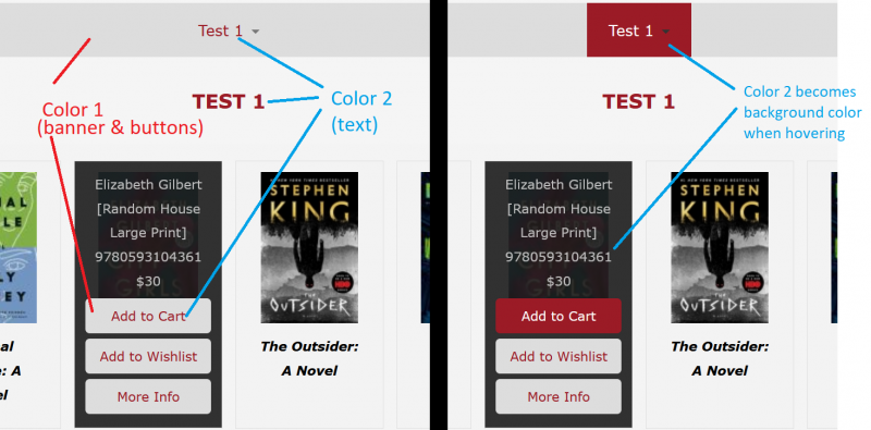 Catalog screenshot of two different catalogs. This screenshot shows the difference in color between catalogs after the color selector has been used. The first screenshot shows red text and red banners and buttons. The second screenshot shows White text and white banner buttons.