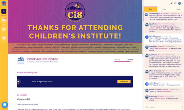 Screenshot of Hopin during Children's Institute: "Thanks for Attending Children's Institute"