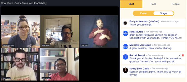 Four booksellers and an ALS interpreter on a virtual call to discuss store voice, online sales, and profitability