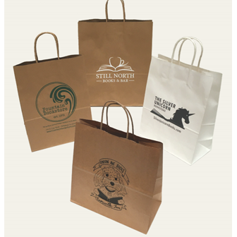Paper shopping bags featuring bookstore names/logos
