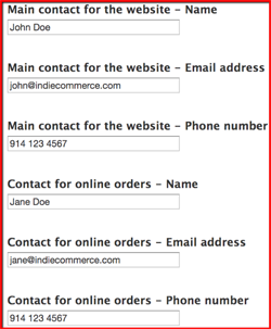 Form on IndieCommerce sites to detail who main contact is