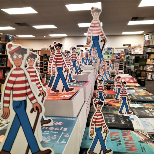 Innisfree Bookshop Waldo display with many small Waldo cutouts