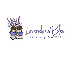Lavender's Bleu Literacy Market logo, two children reading a book together