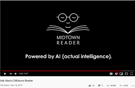 A screenshot from the Midtown Reader's clip that reads "Powered by AI (actual intelligence)