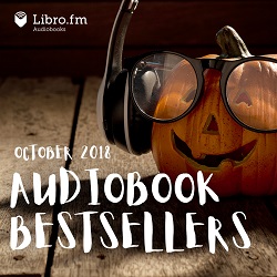 Pumpkin in headphones advertising Libro.fm audiobook bestsellers for October