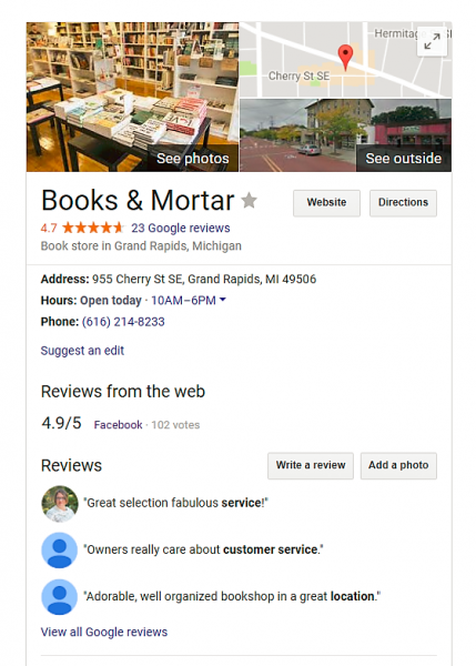 Books & Mortar attracts out-of-town customers with its Google My Business profile.