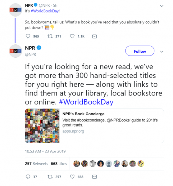 A screenshot of a Twitter thread, posted by NPR. The full text is pasted below the image.