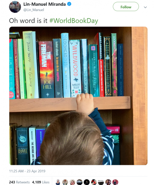 Lin-Manuel Miranda tweeted; "Oh word is it #WorldBookDay" Below the caption is a picture of a young boy perusing bookshelves.