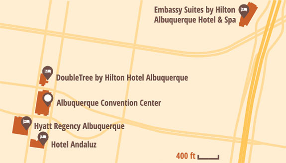 Map of Albuquerque showing Winter Institute 2019 Hotels