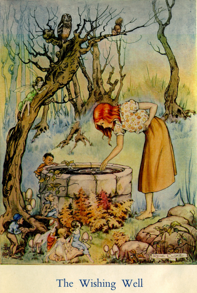 Vintage illustration of girl looking down a well, labeled "The Wishing Well"
