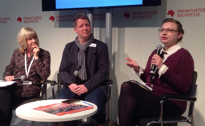 In 2016, Europa Editions sent The Country Bookshelf's Ariana Paliobagis (right)  to the Frankfurt Book Fair.