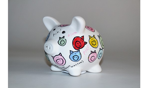 Piggy bank decorated by author Kate DiCamillo
