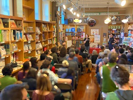 Author Tiffany Jewell at her standing room-only launch for This Book is Anti-Racist at  Booklink Booksellers in Northampton, Massachusetts. 