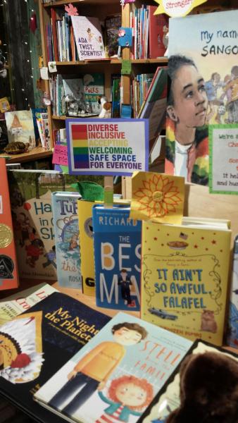 Display of titles on diversity and activism at Green Bean Books
