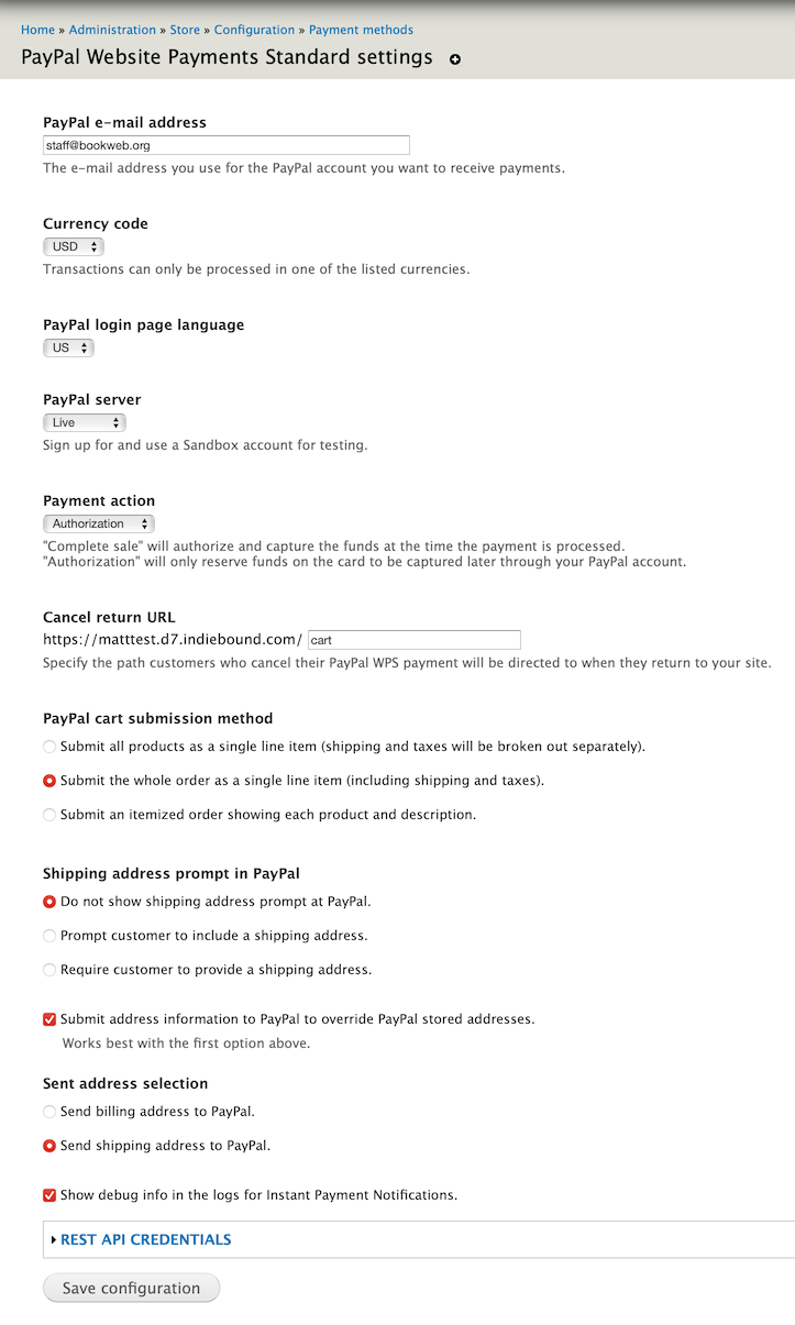 PayPal Settings Page 1