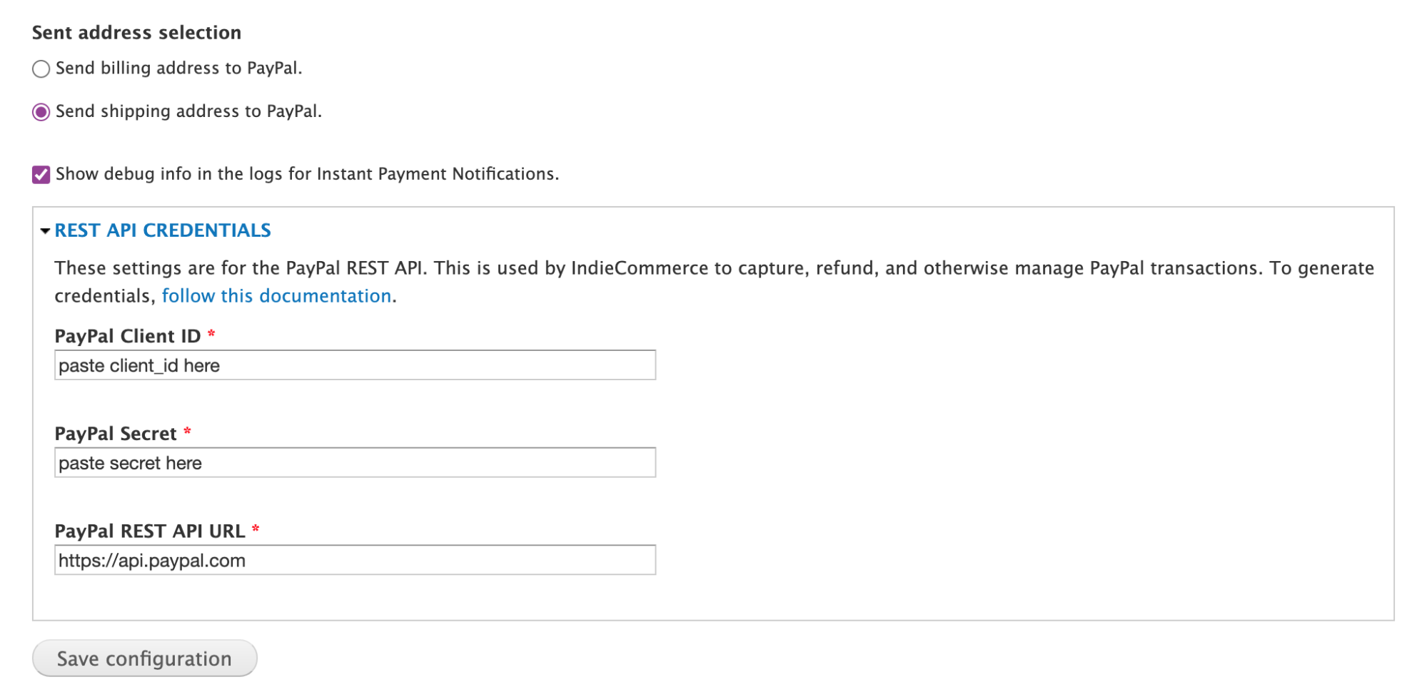 PayPal REST API Settings