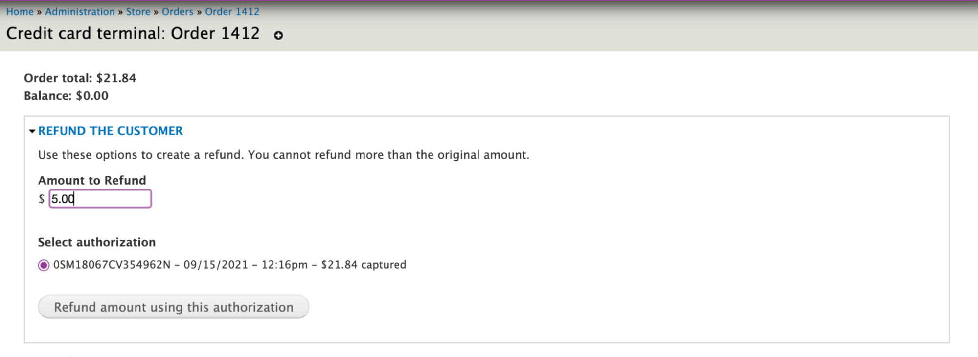 PayPal Refund Payment Screen